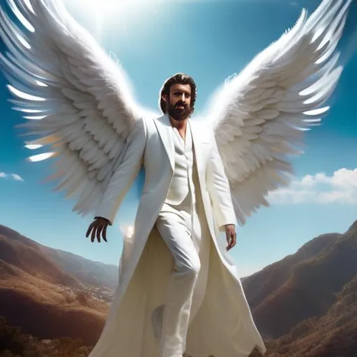 Prompt: photo of a real life God coming down from heaven, big white angel wings spread out,  three-piece suit, soft lighting, outdoors, vibrant color scheme, front view, movie poster style