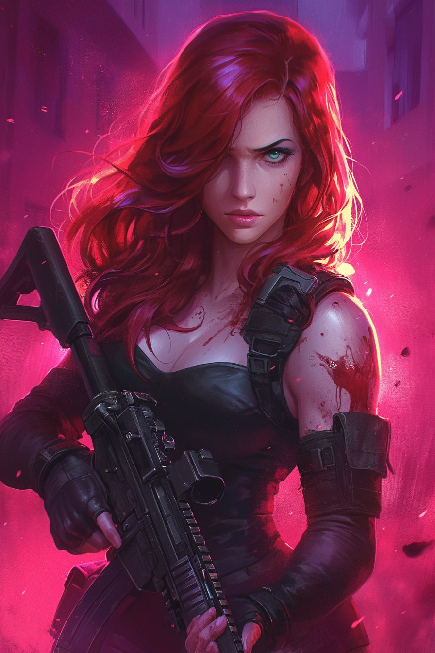 Prompt: Gorgeous young woman, in satin clothes, blue/green eyes, redhead hair, bangs, freckles, stained by blood, zombie apocalypse inside an hotel background. She has feminine curves, an athletic physique, holding an assault rifle, a confident pose, a gorgeous face, serious face, frowned eyes, and dim lighting. In the style of cartoonish fantasy art. High resolution digital artwork. Detailed lines, action-packed cartoons, dnd character, mythology academia, vibrant colors.