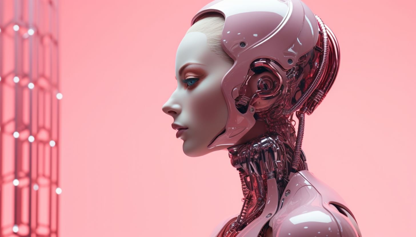 Prompt: a human like robot posing in front of pink, in the style of photorealistic detail, elegant, emotive faces, metallic rotation, futuristic victorian, precisionist, innovative page design, sculpted