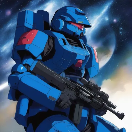 Prompt: A zaku soldier from Gundam 0079. He wields a rifle. Cerulean armor. dark blue details. Helmet on head. In background the space. Akira art. Anime art. 2d art. 2d.