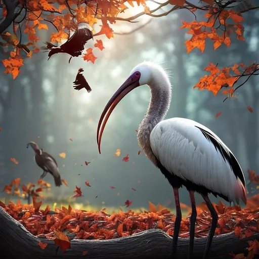 Prompt: t was in the clove of seasons, summer was dead but autumn had not yet been born, that the ibis lit in the bleeding tree, super realistic, high resolution