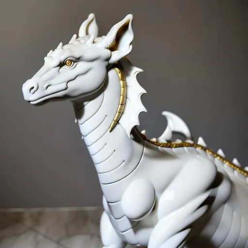 Prompt: Smooth, white and featureless dragon mannequin with large fully black eyes and no other defining features, made of marble with reflective golden features and a few cracks here and there, draconic features, reptilian features, mammal like anatomy, canine ears and features, narrow snout, human like hands, overall grim atmosphere, disturbing vibe, emotionless, ONLY TWO OR FOUR LEGS, REPTILIAN FEATURES, NO WINGS, CGI render, hyperrealistic, super detailed, 8k, high quality, trending art, trending on artstation, sharp focus, studio photo, intricate details, highly detailed