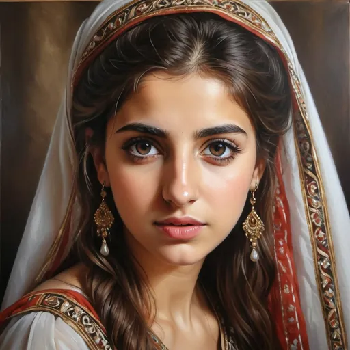 Prompt: Young Syrian women, oil painting, hyper realistic, high details, symmetric, perfect eyes, perfect hair, beautiful, dark greek eyes, brown hair,  beautiful dress,