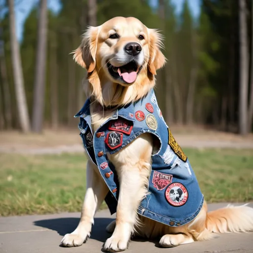 Prompt: Golden Retriever wearing a heavy metal music denim vest with patches
