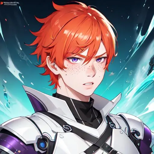 Prompt: Erikku male (short ginger hair, freckles, right eye blue left eye purple) muscular, UHD, 8K, Highly detailed, insane detail, best quality, high quality, blushing
