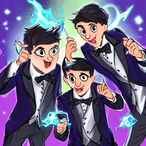 Prompt: Three 13-15 year old magic brothers in tuxedos having a bit too much fun casting magic spells together with there magic wands