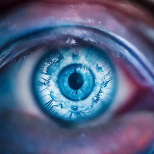 Prompt: anime, painted, close up image of an eye like a blue inorganic clock face