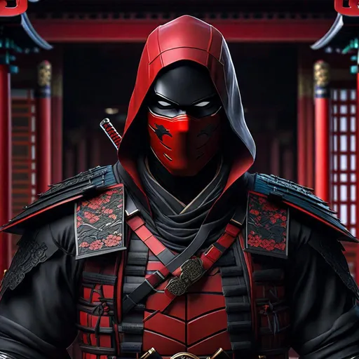 Prompt: Portrait of {  Ninja jason todd redhood } in  {edo era Japan}, perfect composition, hyperrealistic, super detailed, 8k, high quality, trending art, trending on artstation, sharp focus, studio photo, intricate details, highly detailed,happy face, by greg rutkowski