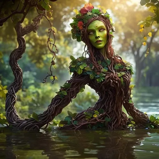 Prompt: Beautiful Treant woman, colorful flowers (wooden skin:1.3), brown straight vines, face made out of vines, flowers, waist deep in water, by wlop