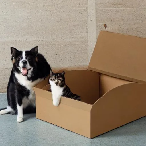 Prompt: cat and dog in a box