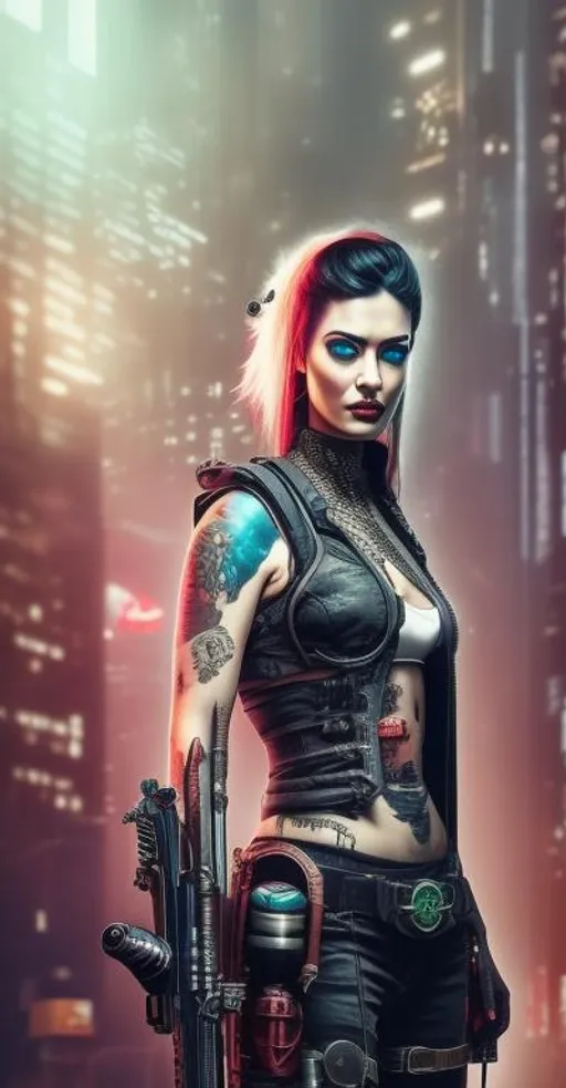 Prompt: Beautiful Cyberpunk female tattoos, strong apocalyptic, swords, guns, axes, anatomical, colorful, gothic, mech, hazardous waste, explosions 