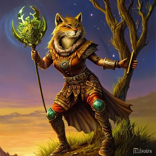Prompt: Tabaxi druid. Heroic fantasy art.