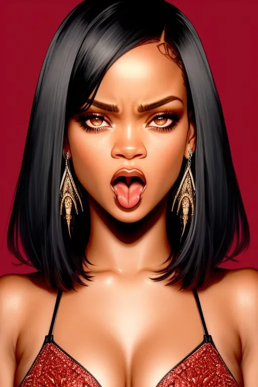 Prompt: symmetrical beautiful portrait + rihanna + angry!! hysterical screaming!! face with frowning!! eyebrows and tongue sticking out of mouth + frowning angry eyebrows + discontented angry face + screaming open mouth with long tongue sticking out + tongue teasing + fantasy, high detail, sadness + 