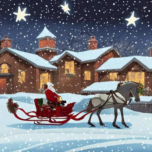 Prompt: "On Christmas Eve, Noel joyfully rides his sleigh over snow-covered rooftops, bringing festive magic under the twinkling midnight stars