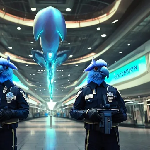 Prompt: Cockatoo security guards in a busy alien mall, widescreen, infinity vanishing point, galaxy background, surprise easter egg