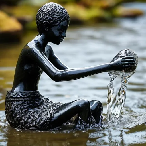 Prompt: ebony statue scooping water