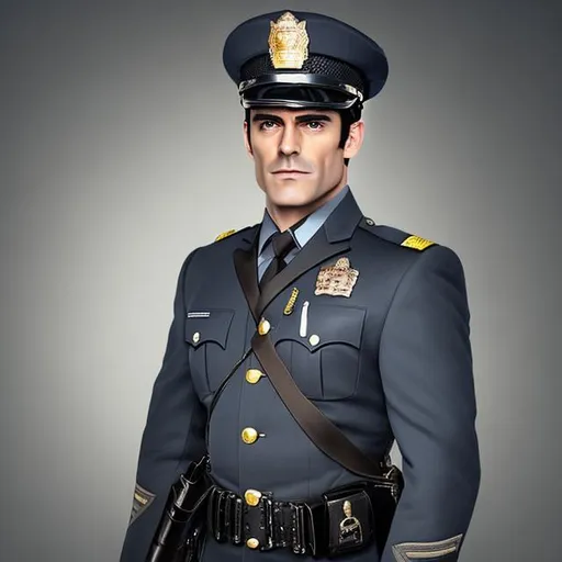 Prompt: A handsome Police captain in full uniform with a hat in a professional portrait, he is in uniform and looks like Henry Cavil
 