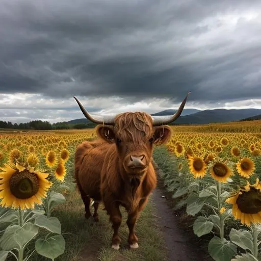 Prompt: highland cow, sunflowers, puffy clouds, rain, happy colors