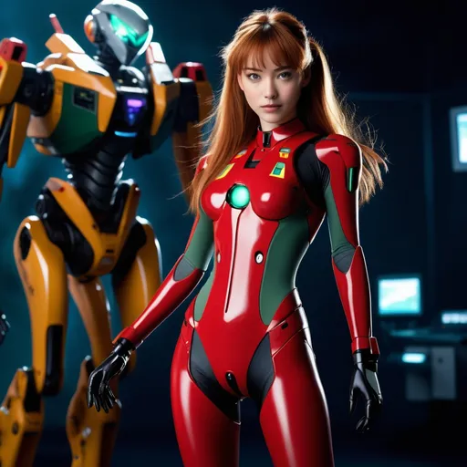 Prompt: High resolution Realistic photo image of an age:18 cute asuka langley anime character from “neon genesis evangelion“, full body original Eve jump suit, highly detailed facial features and expression, dynamically posed with Eve robot facility in background