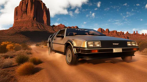 Prompt: 3D Render of a back to the future DeLorean time machine with background on western road 