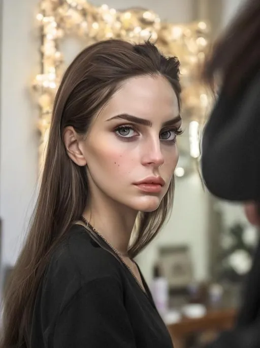 Prompt: Woman 26 years old, perfect oval shape of face, almond shaped eyes, upward eyebrow shape, latte skin, brown eyes, long straight hair pulled back, dark brown hair, full lips like on a photo, shut month, serious look, render like lana del rey's clip west coast