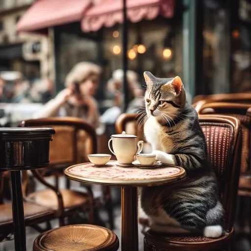 Prompt: A cat sitting at a paris cafe having tea like a real person with a vintage look