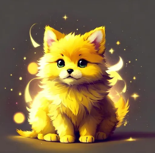 Prompt: Cute, yellow, fluffy, fantasy light puppy, with lighting, yellow eyes, yellow fur, and possessing the element of space and making circles of lighting stripes
 move around in the air in a magical way, in a space background. Perfect features, extremely detailed, realistic. Krenz Cushart + loish +gaston bussiere +craig mullins, j. c. leyendecker +Artgerm.