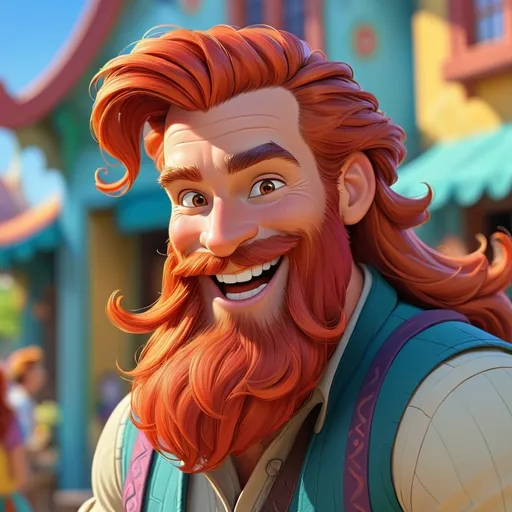 Prompt: Disney style man with long red beard, happy smile, vibrant colors, sunny, high quality, cheerful atmosphere, detailed features