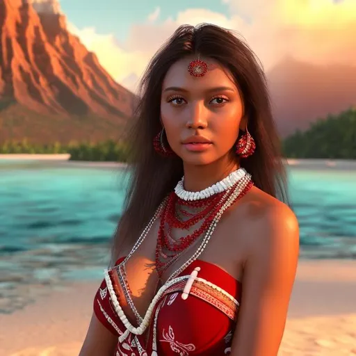 Prompt: HD 4k 3D professional modeling photo hyper realistic beautiful enchanting native happy hawaiian woman dark hair brown skin brown eyes gorgeous face traditional red and white dress and jewelry nature magical beach and mountains landscape hd background ethereal mystical mysterious beauty full body
