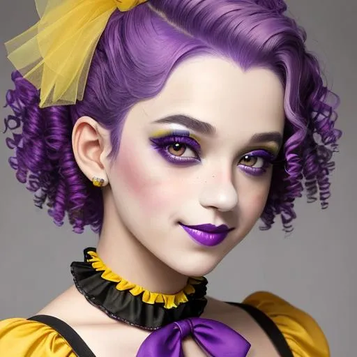 Prompt: A pretty female clown wearing purple and yellow, short curly purple hair, cute clown makeup, wearing a yellow hair ribbon, facial closeup