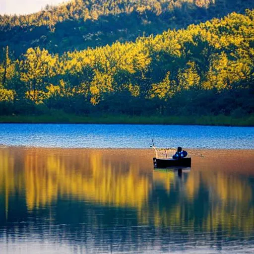 Prompt: A setting sun reflecting its light on a  calm and clear lake where a lone fisherman is busy on his wooden boat 