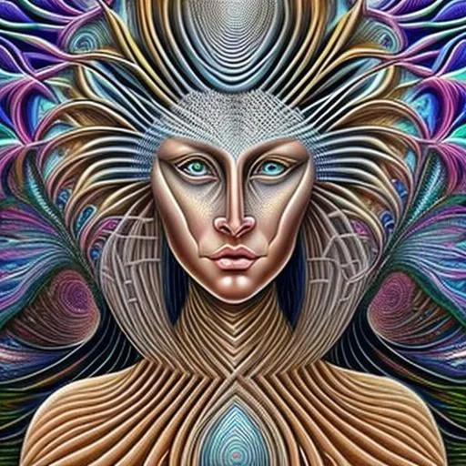 Prompt:  The geometric background is backlit in the style of Alex Grey, the foreground is in the style of Botticelli. A beautiful indigenous  woman, with gray hair, four gray-colored eyes, one set of eyes over the top of the other set of eyes