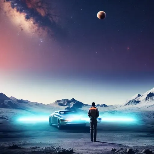 Prompt: man standing on a planet in outerspace with a car, 