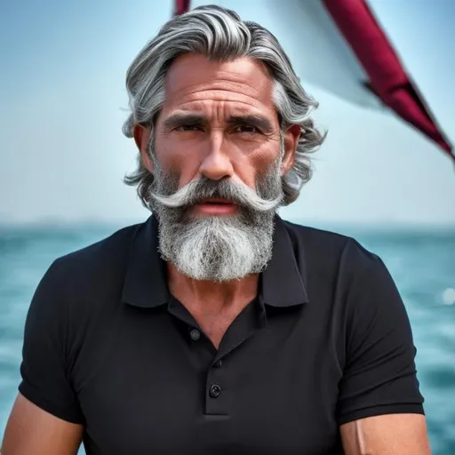 Prompt: confident strong claymation 45 year old handsome silver haired and bearded sailor wearing a black polo shirt while raising a sail solo

