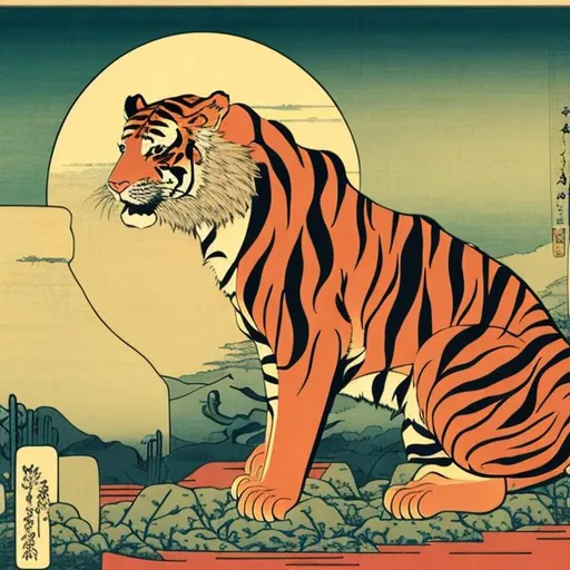 Prompt: A tiger in the Sonoran desert in the ukiyo-e art style with the sun in the background