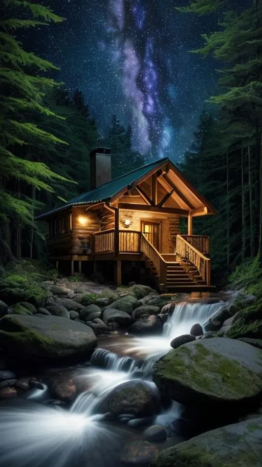 Prompt: professional high quality HDR photo of a (low)  night sky stars deep woods waterfall cabin at dusk imagination [atmosphere]
global dramatic lighting, (environmental lighting), volumetric light
featured on flickr, art photography
(by Martin Benka)
Steps: 20, Sampler: DPM++ 2M Karras, CFG scale: 7, Seed: 732076811, Size: 960x540, Model hash: 3a55f48d21, Model: galaxytimemachines_photo_v10 (1)