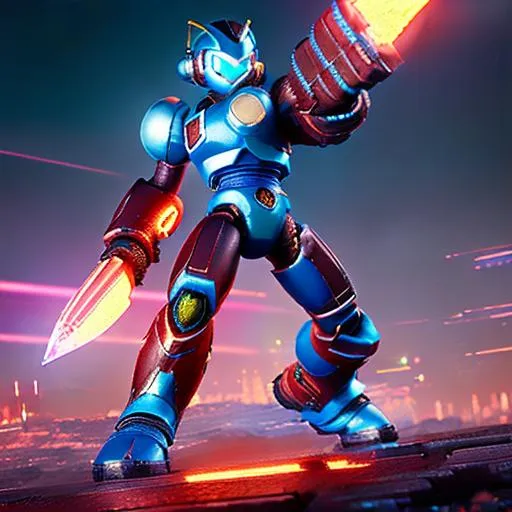Prompt: Cyberpunk Splash art of Megaman in battle stance, highly detailed, intricate, fantasy, sharp focus, elegant, Centered, Full shot