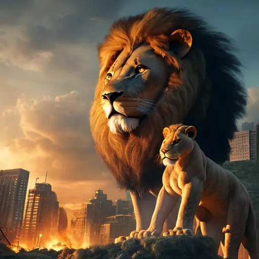 Prompt: Giant lion destroys a city