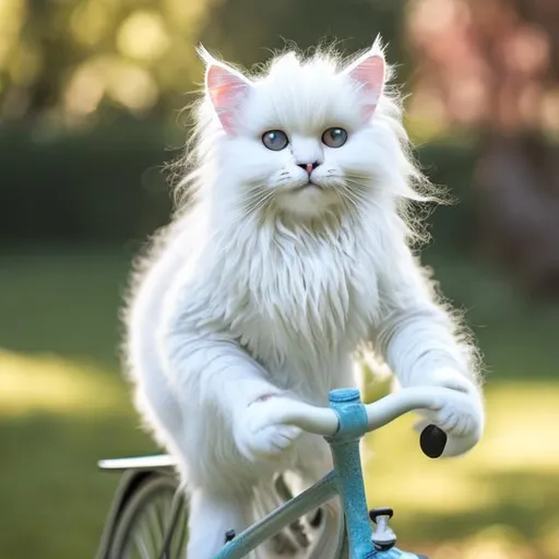 Prompt: A white Angora cat riding a bicycle
