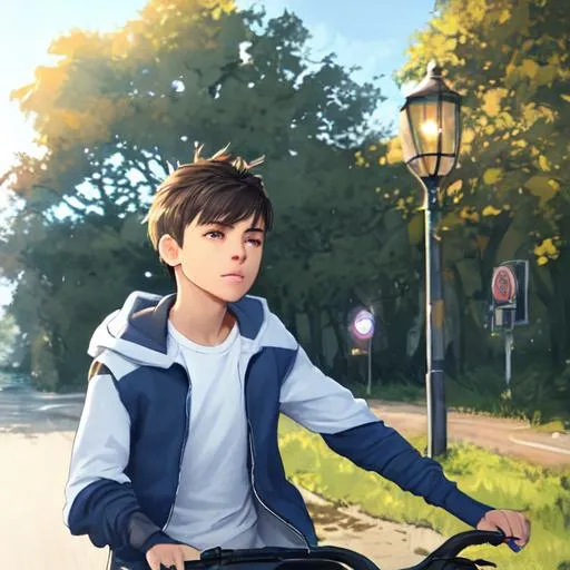 Prompt: Sideview 12 year old young Boy lightbrown hair wearing a (white tanktop) and (dark gray darkblue worn baggy longsleeve hoodie)+ black jeans lightbrown shoes riding his bicycle rural area, bench, streetlight, trees in background two magpies, art, concept art, artstation, cinematic composition, dynamic angle,  close up face side midday beautiful nature colors blue sky