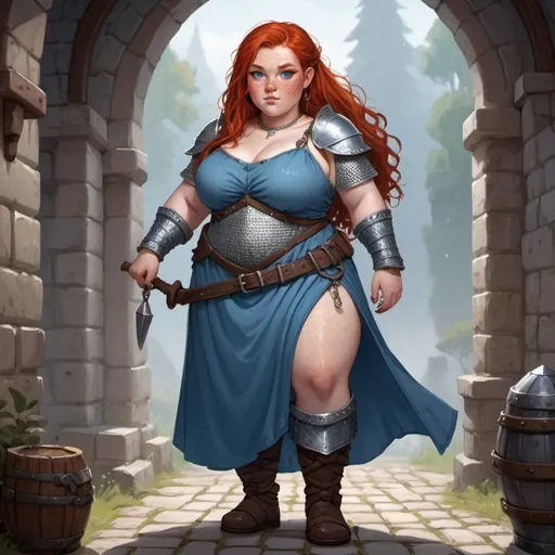 Prompt: Chubby fat beautiful female dnd dwarf with red hair blue eyes white skin blue eyes and freckles. In a chainmail and blue dress with her legs showing 