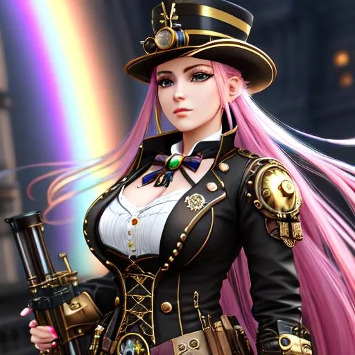 Prompt: Very beautiful Steampunk lady, long rainbow hair, steampunk outfit and brass heavy weapon, hyperrealism, photorealistic, 8k, unreal engine --ar 9:16 --niji 5 --style expressive --s 400, hyperrealism, photorealistic, 8k, unreal engine --ar 9:16 --niji 5 --style expressive --s 400, futuristic, highly detailed, made with blender --v 4