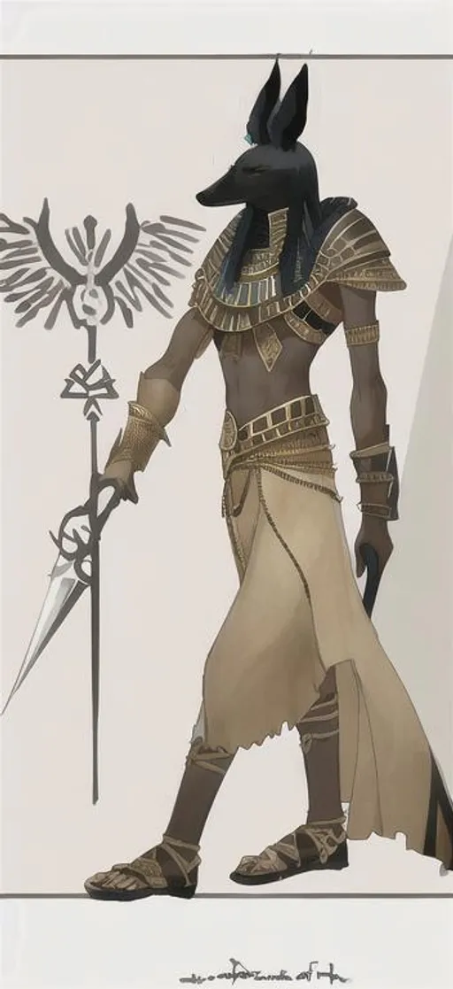 Prompt: Set god of deserts, storms and death. Has an ankh, Egyptian garb and scepter in his hands and has the face of a type of African wild dog