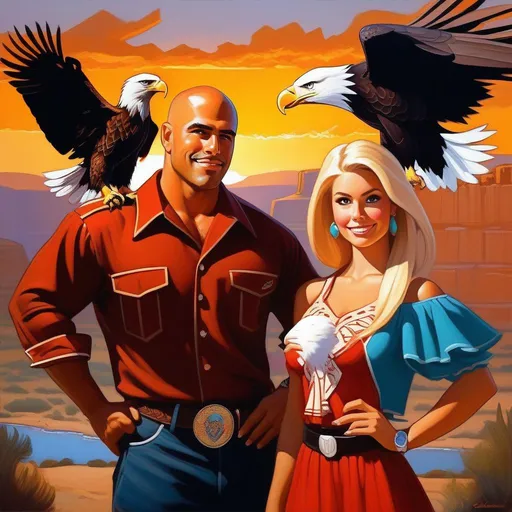 Prompt: Tanned Mexican gigachad meets cute blonde American girl, bald eagle in the background, cartoony style, extremely detailed painting by Greg Rutkowski and by Henry Justice Ford and by Steve Henderson 