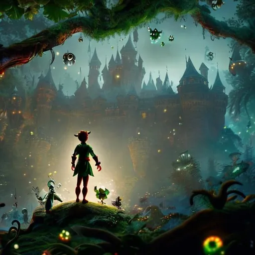 Prompt: Peter Pan guy art in big forest with glowing bugs looking at a big castle 8K UHD quality 