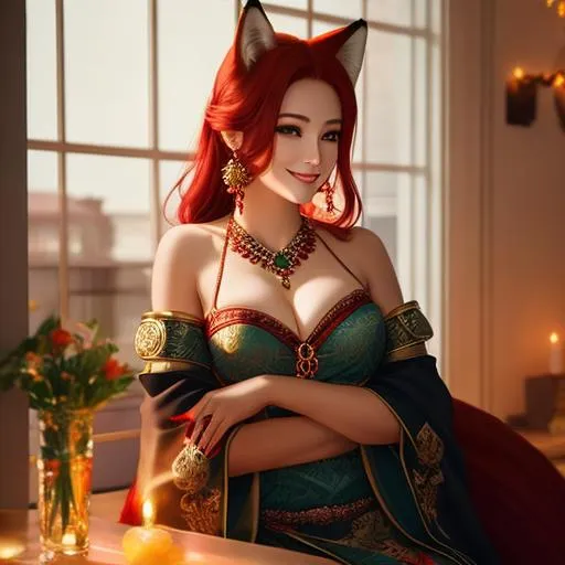 Prompt: beautiful  female fox goddess softli smiling, shining red  hair great chest , wearing earrings, behind a table,   soft lights