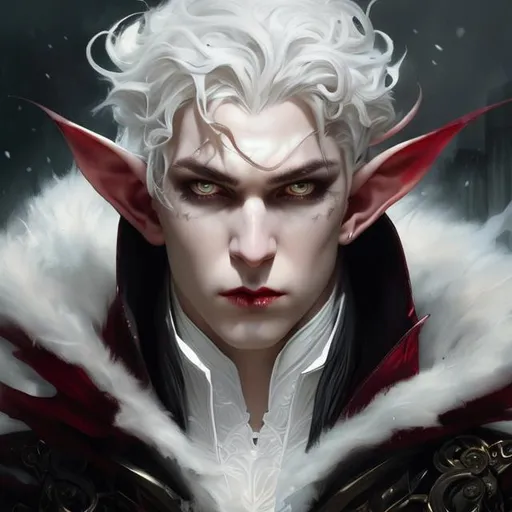 Prompt: Splash art portrait of male vampire, elf, androgynous, handsome, white haired man, with short wavy white hair, {WHITE eyebrows}, red eyes, victorian dark clothes, elegant, highly detailed, intricate, smooth, sharp focus, artstation, digital painting, concept art, art by greg rutkowski, alphonse mucha and John William Waterhouse