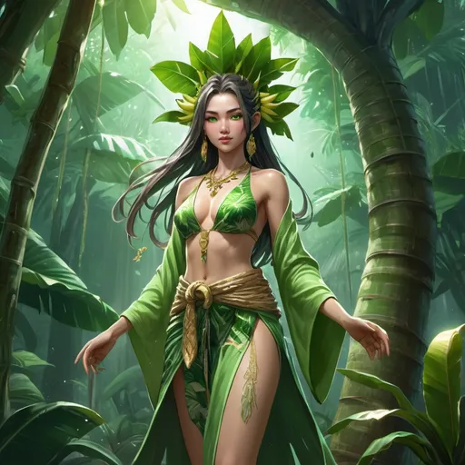 Prompt: Full body, Nang Tani, female Thai banana tree spirit, wearing green Thai robe, hair decorated with bananatree leaves and bananablossoms, green glowing eyes, beautiful, mystical atmosphere, RPG-fantasy, intense, detailed, game-rpg style, bright lighting, fantasy, detailed character design, atmospheric, otherwordly ambiance