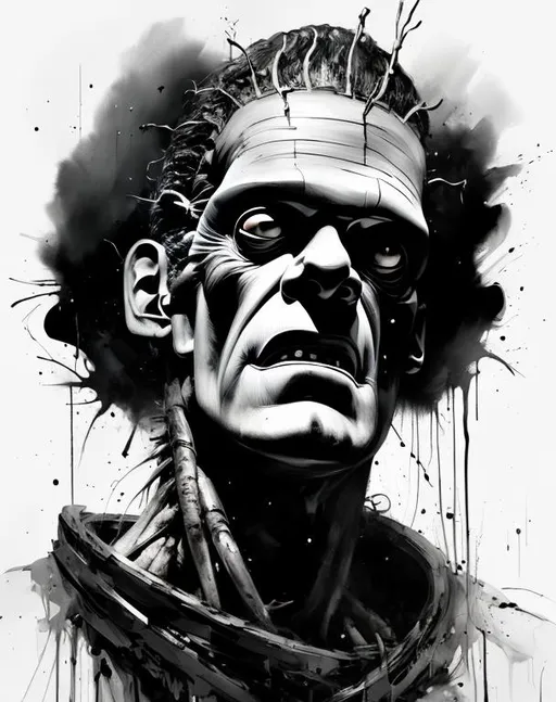 Prompt: Frankenstein negative black and white Speedpaint with large brush strokes by , Junji Ito, Ismail Inceoglu, , Gazelli, M.W. Kaluta, richard anderson, paint splatter, white ink, a masterpiece, 8k resolution, trending on artstation, horror, terrifying, highly detailed and intricate