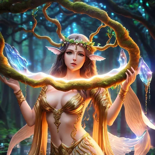 Prompt: 3D HD dramatic cinematic lighting [({one}{(Beautiful benevolent {goddess}female liquid tree}Nymph, expansive magical forest background, hyper realistic, 8K --s98500